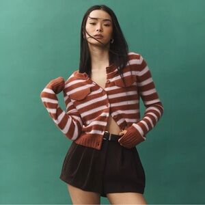 Maeve Anthropologie 100% Cashmere Striped Crop Cardigan Rust Pink Size S